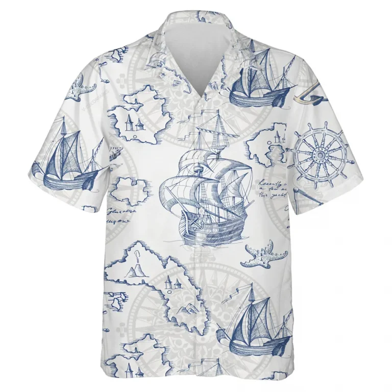 Sailor Ship Hawaiian Shirts For Men Women, Vintage 90s Aloha Button Down Shirt, Ocean Blue Map Printed Shirt, Family Matching Clothing