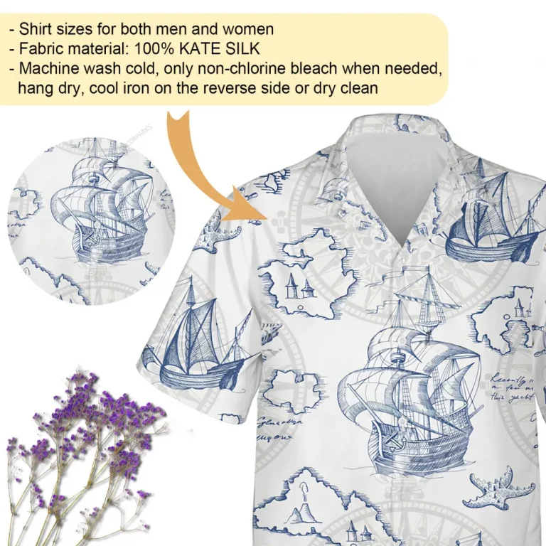 Sailor Ship Hawaiian Shirts For Men Women, Vintage 90s Aloha Button Down Shirt, Ocean Blue Map Printed Shirt, Family Matching Clothing