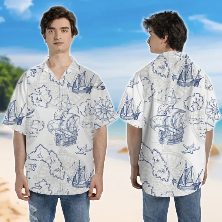 Sailor Ship Hawaiian Shirts For Men Women, Vintage 90s Aloha Button Down Shirt, Ocean Blue Map Printed Shirt, Family Matching Clothing
