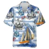 Sailor Ship And Helm Unisex Hawaiian Shirt, Coastal Aloha Button Down Shirt, Sea Crab Printed Clothing, Thankful Gift, Horizontal Stripe Shirt