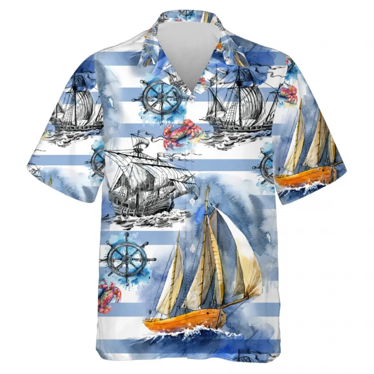 Sailor Ship And Helm Unisex Hawaiian Shirt, Coastal Aloha Button Down Shirt, Sea Crab Printed Clothing, Thankful Gift, Horizontal Stripe Shirt