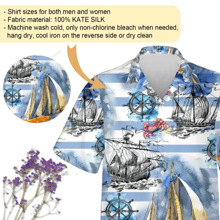 Sailor Ship And Helm Unisex Hawaiian Shirt, Coastal Aloha Button Down Shirt, Sea Crab Printed Clothing, Thankful Gift, Horizontal Stripe Shirt