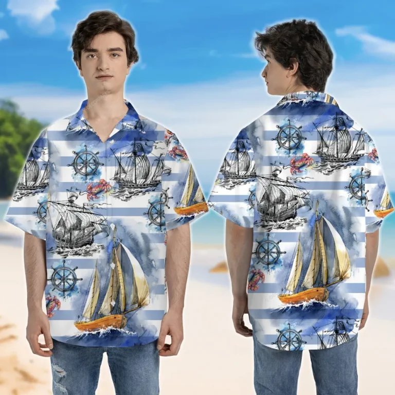 Sailor Ship And Helm Unisex Hawaiian Shirt, Coastal Aloha Button Down Shirt, Sea Crab Printed Clothing, Thankful Gift, Horizontal Stripe Shirt