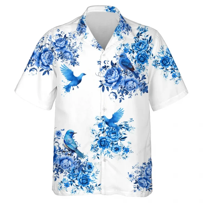 Blue Bird Unisex Hawaiian Shirt, Cool Flower Aloha Button Down Shirt, Natural Printed Clothing, White Background 3d Shirt, Thankful Gift