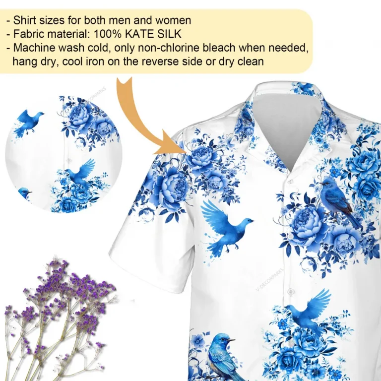 Blue Bird Unisex Hawaiian Shirt, Cool Flower Aloha Button Down Shirt, Natural Printed Clothing, White Background 3d Shirt, Thankful Gift