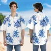 Blue Bird Unisex Hawaiian Shirt, Cool Flower Aloha Button Down Shirt, Natural Printed Clothing, White Background 3d Shirt, Thankful Gift