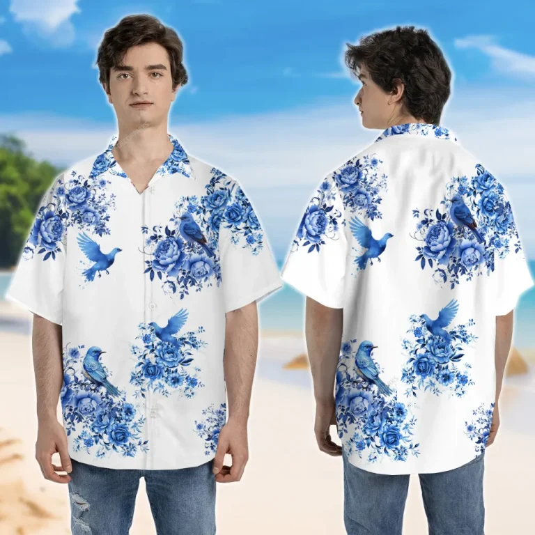 Blue Bird Unisex Hawaiian Shirt, Cool Flower Aloha Button Down Shirt, Natural Printed Clothing, White Background 3d Shirt, Thankful Gift