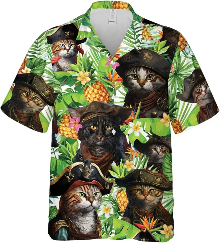 Pirate Cat Hawaiian Shirts For Men, Tropical Leaves Pineapple Pattern Shirts, Funny Cat Hawaiian Shirts, Summer Casual Button Down Unisex Luau Shirts