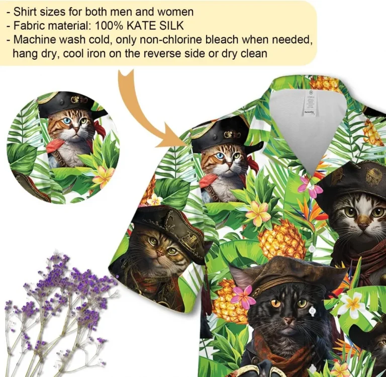 Pirate Cat Hawaiian Shirts For Men, Tropical Leaves Pineapple Pattern Shirts, Funny Cat Hawaiian Shirts, Summer Casual Button Down Unisex Luau Shirts