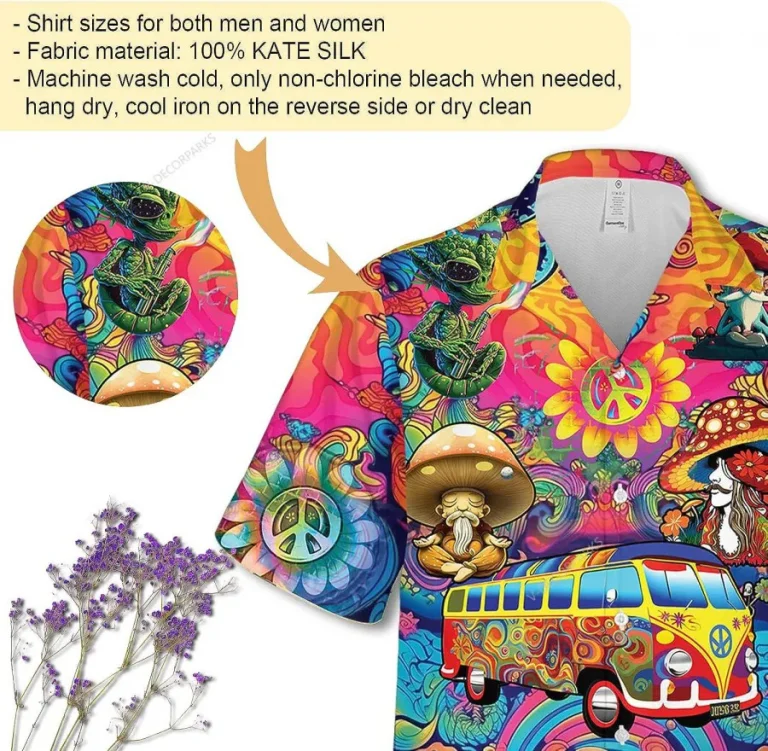 Hippie Bus And Psychedelic Mushroom Hawaiian Shirt For Men, Hippie Trippy Casual Button Down Hawaiian Shirt, Aloha Beach Shirt, Hawaiian Style Shirt