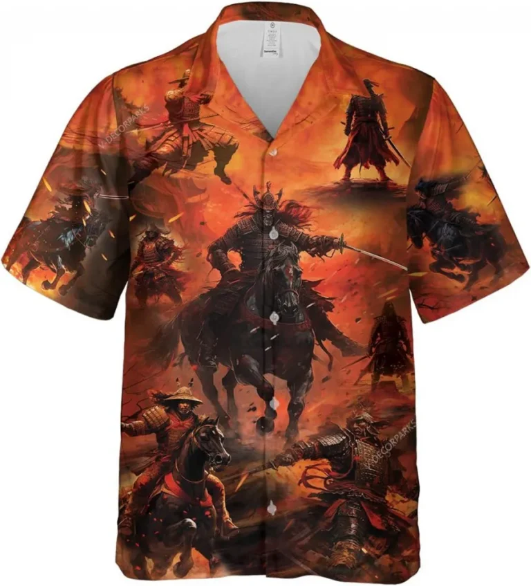 Samurai Battlefield Hawaiian Shirts For Men, Japanese Samurai On Horseback Hawaiian Button Down Short Sleeve Shirts, Gift For Men, Summer Aloha Shirt