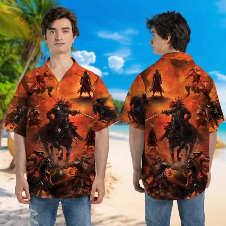 Samurai Battlefield Hawaiian Shirts For Men, Japanese Samurai On Horseback Hawaiian Button Down Short Sleeve Shirts, Gift For Men, Summer Aloha Shirt