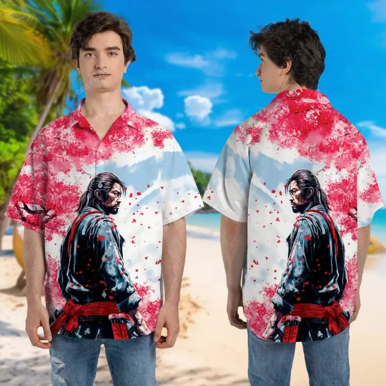 Samurai And Cherry Blossom Hawaiian Shirts For Men, Japanese Samurai Hawaiian Aloha Shirt, Casual Printed Beach Summer Shirt, Button Down Shirt