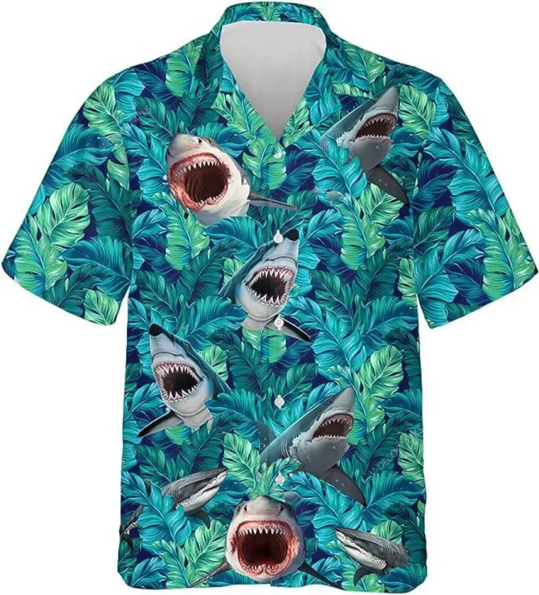 Ocean Shark Tropical Pattern Hawaiian Shirts For Men Women, Tropical Beach Shirt, Casual Button Down Hawaiian Shirt, Summer Vacation Shirt