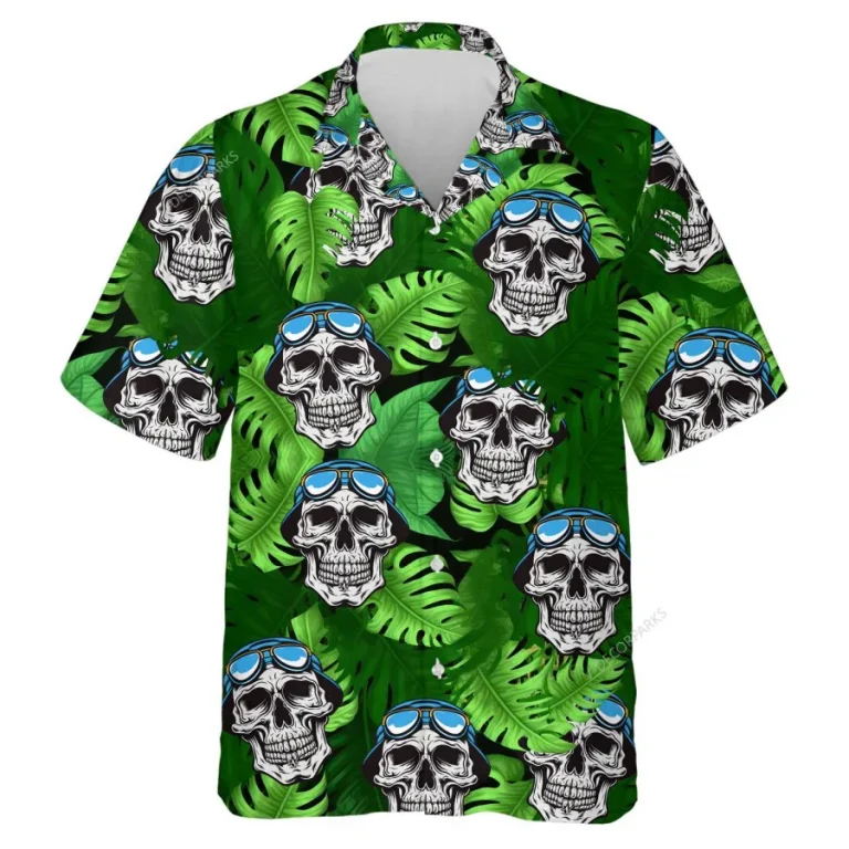Smiling Pilot Skull Unisex Hawaiian Shirt, Tropical Leaves Aloha Button Down Shirt, Pilot Gift, Summer Beach Shirt, Funny Hawaii Shirt