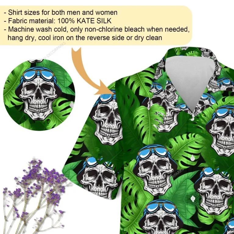 Smiling Pilot Skull Unisex Hawaiian Shirt, Tropical Leaves Aloha Button Down Shirt, Pilot Gift, Summer Beach Shirt, Funny Hawaii Shirt