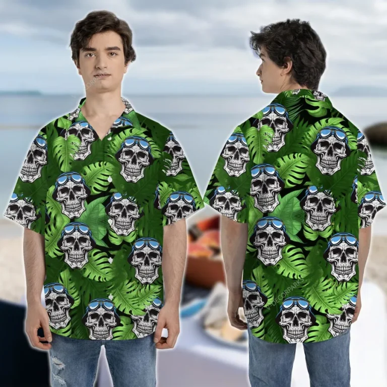 Smiling Pilot Skull Unisex Hawaiian Shirt, Tropical Leaves Aloha Button Down Shirt, Pilot Gift, Summer Beach Shirt, Funny Hawaii Shirt
