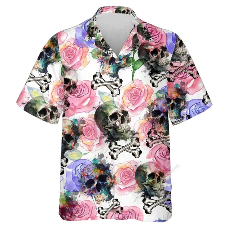 Skull Crossed Bones Unisex Hawaiian Shirt, Watercolor Roses Aloha Button Down Shirt, Floral Patterned Clothing, Toxin Warning Icon Shirt, Funny Gift