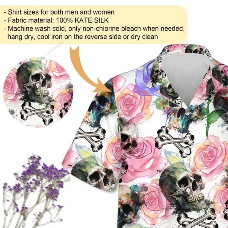 Skull Crossed Bones Unisex Hawaiian Shirt, Watercolor Roses Aloha Button Down Shirt, Floral Patterned Clothing, Toxin Warning Icon Shirt, Funny Gift