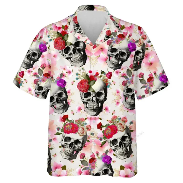 Skull With Flowers Unisex Hawaiian Shirt, Floral Aloha Button Down Shirt, Funny Hawaii Clothing, Summer Beach Shirt, Aloha Shirt With Vibrant Prints
