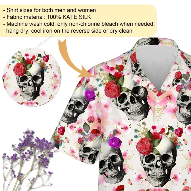 Skull With Flowers Unisex Hawaiian Shirt, Floral Aloha Button Down Shirt, Funny Hawaii Clothing, Summer Beach Shirt, Aloha Shirt With Vibrant Prints