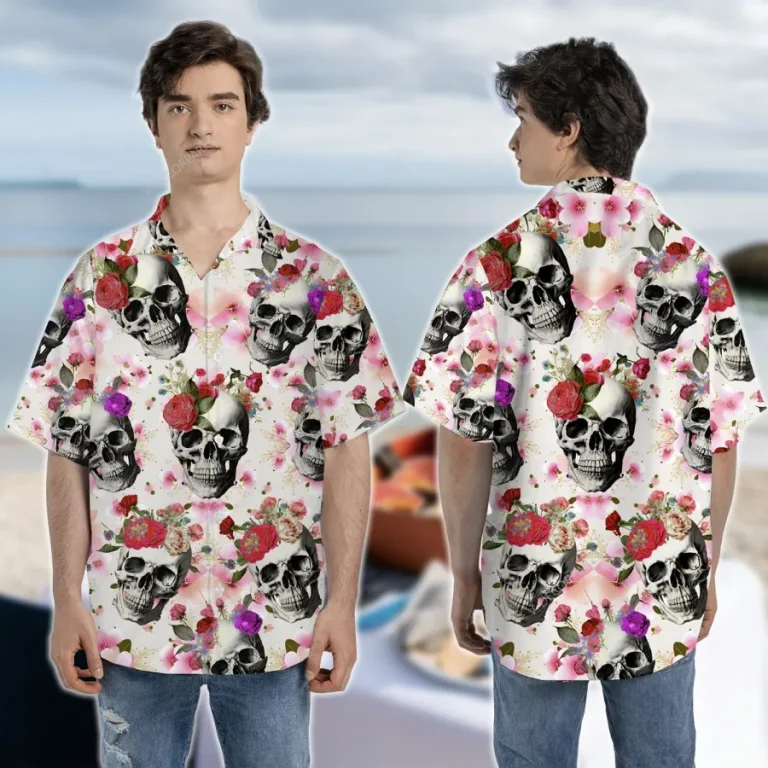 Skull With Flowers Unisex Hawaiian Shirt, Floral Aloha Button Down Shirt, Funny Hawaii Clothing, Summer Beach Shirt, Aloha Shirt With Vibrant Prints