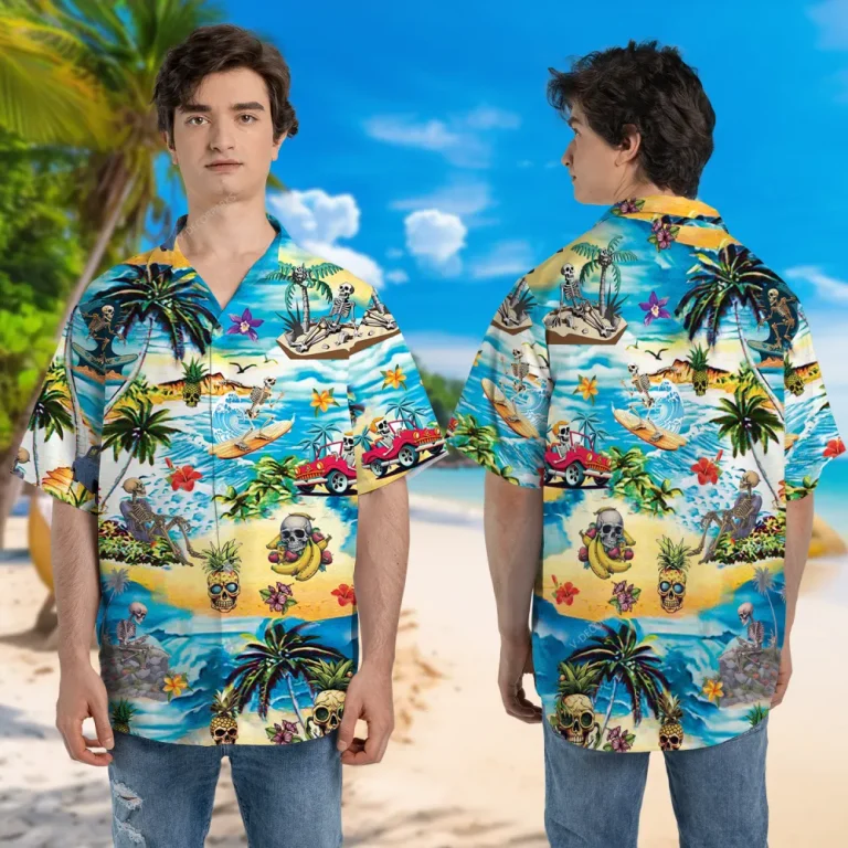 Skeleton Island Unisex Hawaiian Shirt, Pineapple Skull Printed Button Down Short Sleeves, Unisex Aloha Shirt, Summer Beach Shirt