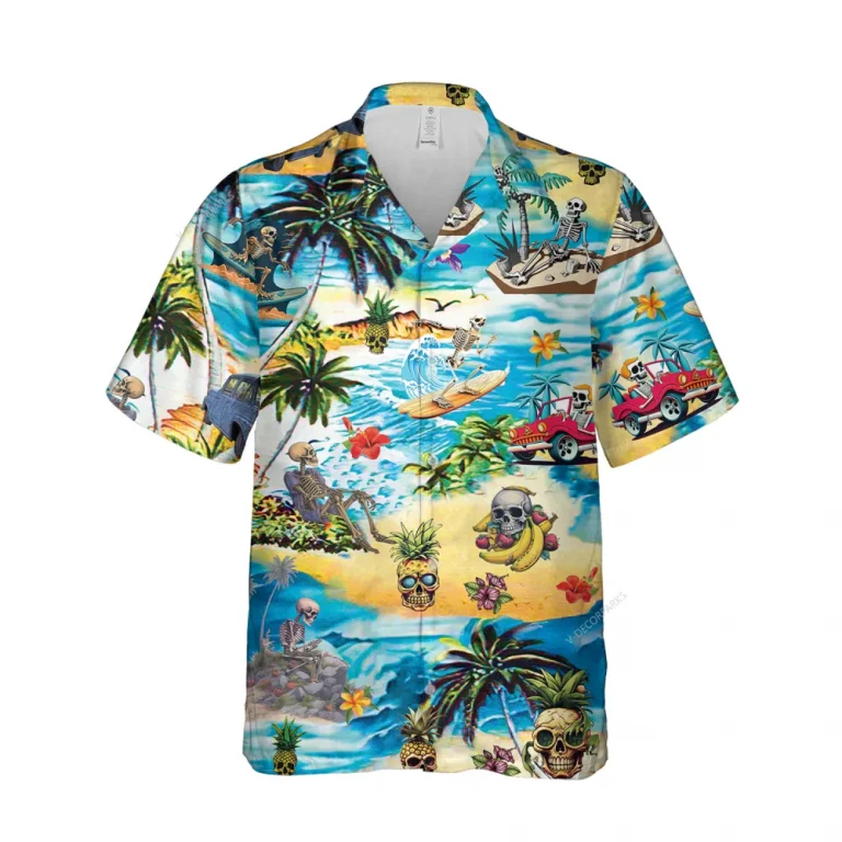 Skeleton Island Unisex Hawaiian Shirt, Pineapple Skull Printed Button Down Short Sleeves, Unisex Aloha Shirt, Summer Beach Shirt