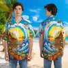 Skeleton Beach House Unisex Hawaiian Shirt, Skull Printed Short-sleeve, Wave Surfing Pattern Clothing, Family Matching Shirt, Sea Lover Gift