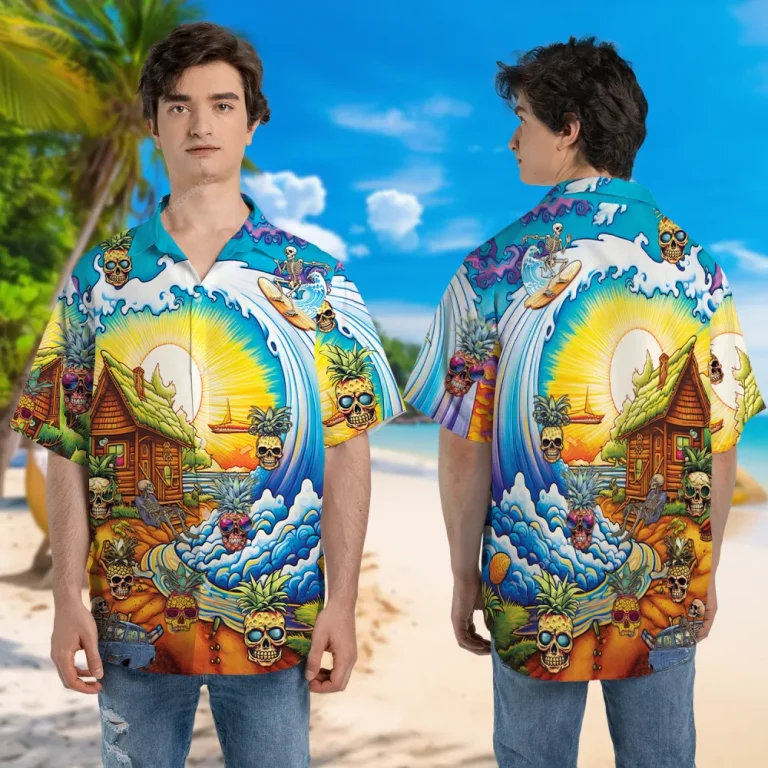 Skeleton Beach House Unisex Hawaiian Shirt, Skull Printed Short-sleeve, Wave Surfing Pattern Clothing, Family Matching Shirt, Sea Lover Gift