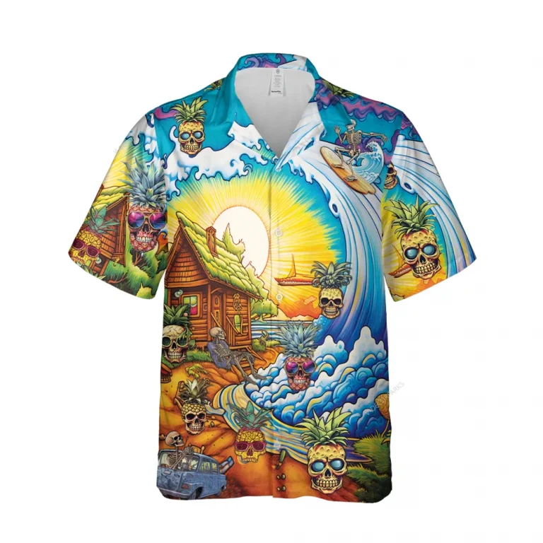 Skeleton Beach House Unisex Hawaiian Shirt, Skull Printed Short-sleeve, Wave Surfing Pattern Clothing, Family Matching Shirt, Sea Lover Gift