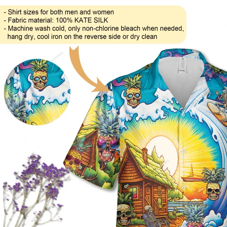 Skeleton Beach House Unisex Hawaiian Shirt, Skull Printed Short-sleeve, Wave Surfing Pattern Clothing, Family Matching Shirt, Sea Lover Gift