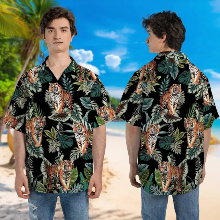 Bengal Tiger Tropical Pattern Shirt For Men Women, Tiger Hawaiian Shirt, Tropical Summer Beach Aloha Button Down Short Sleeve Mens Hawaiian