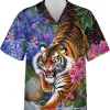 Tiger And Flower Hawaiian Shirt For Men Women, Tiger Painting Button Down Mens Hawaiian Shirts, Casual Printed Beach Summer Shirt, Gift For Him