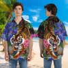 Tiger And Flower Hawaiian Shirt For Men Women, Tiger Painting Button Down Mens Hawaiian Shirts, Casual Printed Beach Summer Shirt, Gift For Him