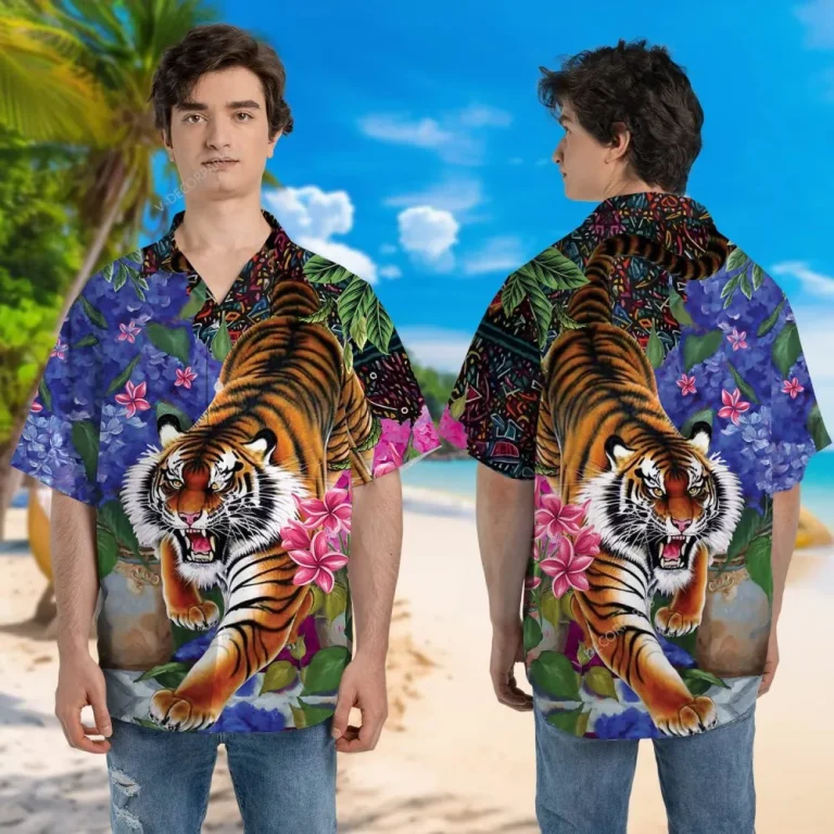 Tiger And Flower Hawaiian Shirt For Men Women, Tiger Painting Button Down Mens Hawaiian Shirts, Casual Printed Beach Summer Shirt, Gift For Him