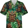 Tiki Mask Tropical Pattern Hawaiian Shirts For Men Women, Tiki Button Down Short Sleeve Shirts, Tiki Tropical Pattern Print Shirt, Summer Beach Shirt