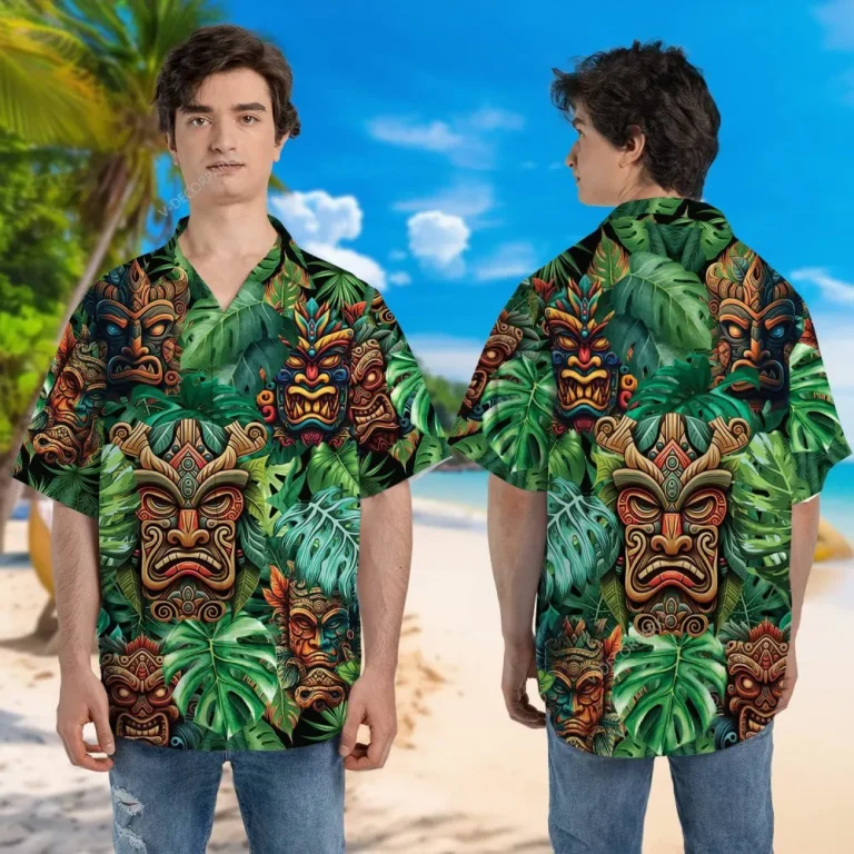 Tiki Mask Tropical Pattern Hawaiian Shirts For Men Women, Tiki Button Down Short Sleeve Shirts, Tiki Tropical Pattern Print Shirt, Summer Beach Shirt