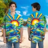 Funny Skeleton Surfing Tropical Sunset Hawaiian Shirts For Men Women, Sea Waves Button Down Short Sleeve Shirts, Skeleton Hawaiian Aloha Shirt