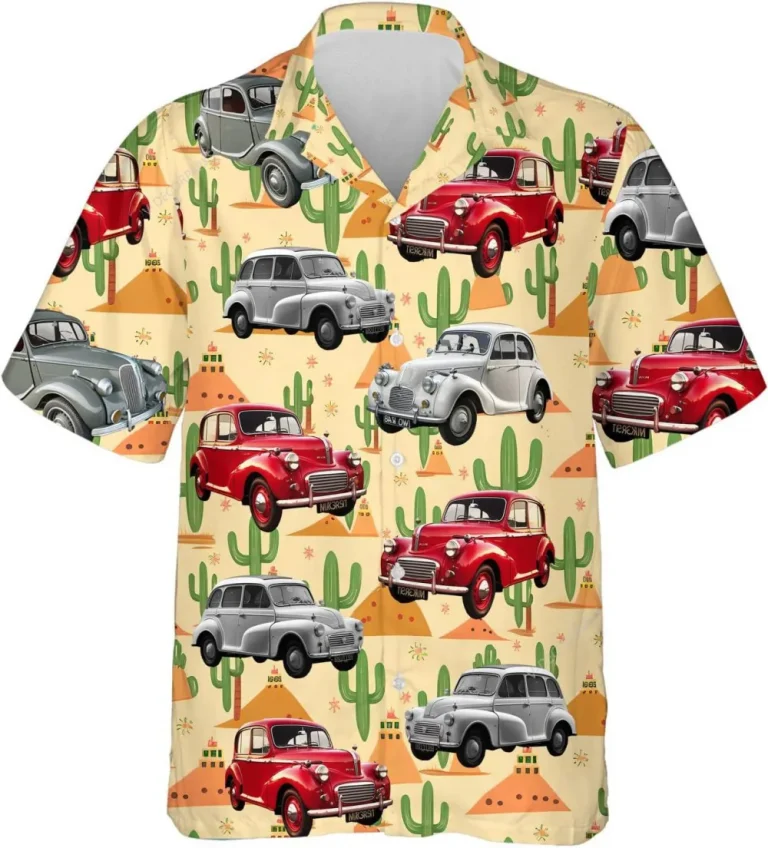 Classic Car And Desert Cactus Hawaiian Shirt For Men, Vintage Car Casual Button Down Shirt, Hawaiian Style Shirts, Summer Beach Shirt