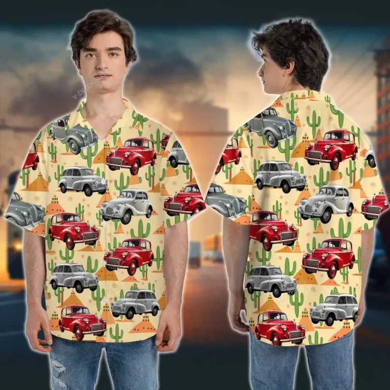 Classic Car And Desert Cactus Hawaiian Shirt For Men, Vintage Car Casual Button Down Shirt, Hawaiian Style Shirts, Summer Beach Shirt