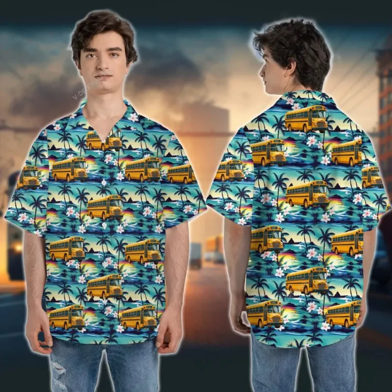 School Bus And Tropical Pattern Hawaiian Shirt, Bus Driver Tropical Beach Shirt, Back To School, Hawaiian Casual Button Down Shirt, Aloha Summer Shirt