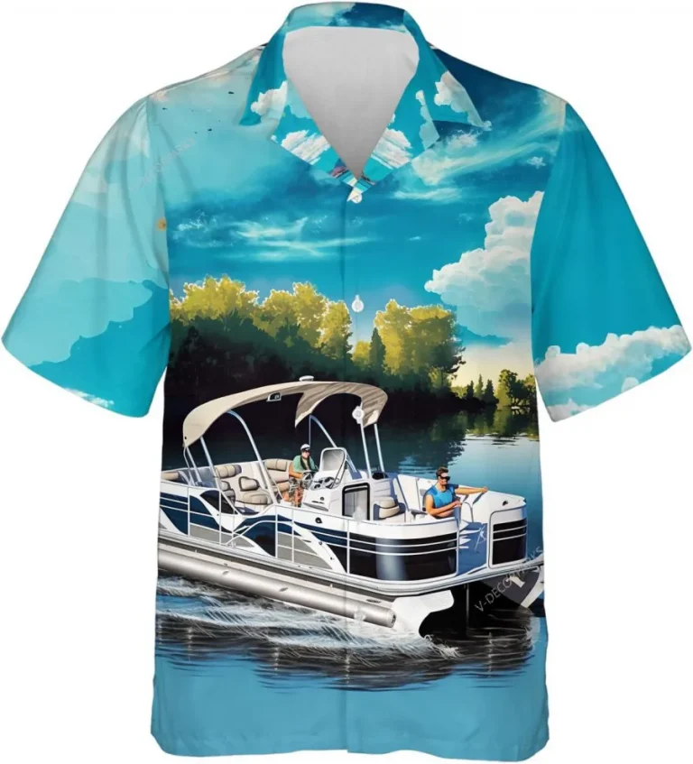 Pontoon Boat On The Lake Hawaiian Shirt For Men Women, Casual Button Down Shirt, Summer Vacation Hawaiian Shirt, Family Aloha Shirts