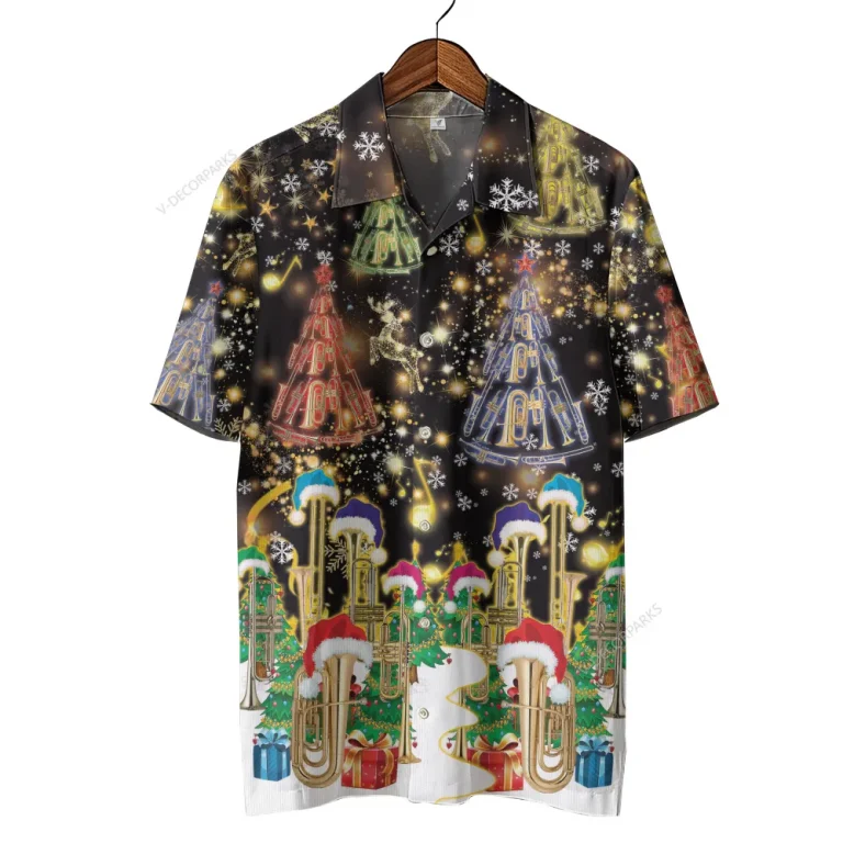 Christmas Trombone Set Hawaiian Shirt, Musical Instrument Printed Shirt, Music Lover Aloha Button Down Shirt, Xmas Hawaii Shirt For Men And Women