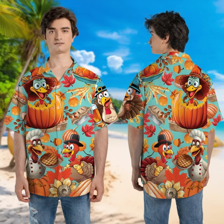 Happy Thanksgiving Unisex Hawaiian Shirt, Gobblers And Pumpkins Printed Shirt, Thanksgiving Foods Aloha Button Down Shirt, Fall Vibes Clothing