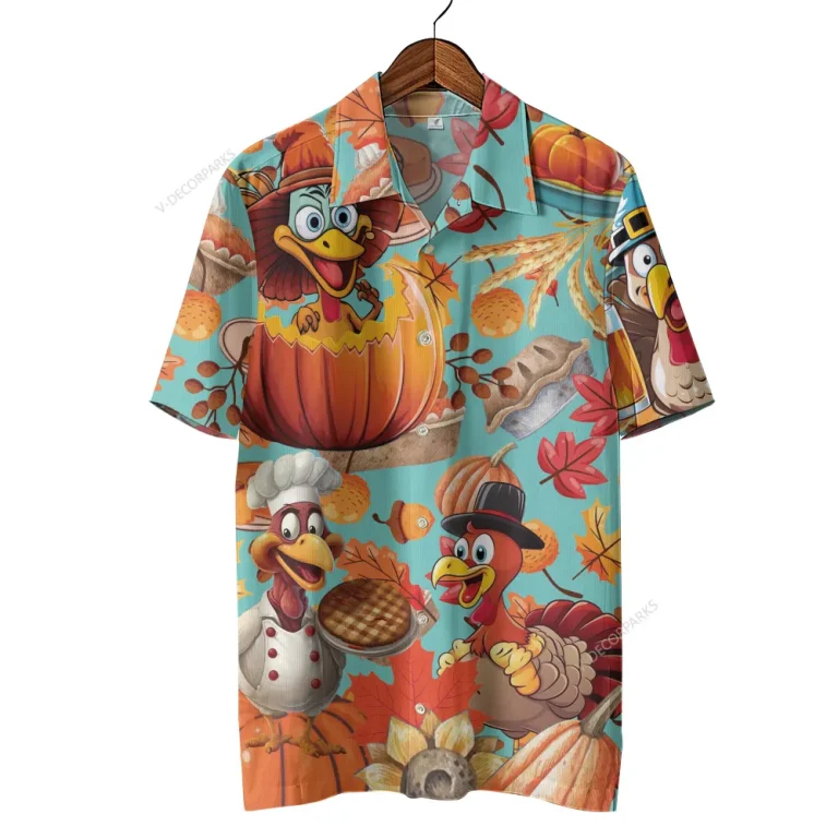Happy Thanksgiving Unisex Hawaiian Shirt, Gobblers And Pumpkins Printed Shirt, Thanksgiving Foods Aloha Button Down Shirt, Fall Vibes Clothing