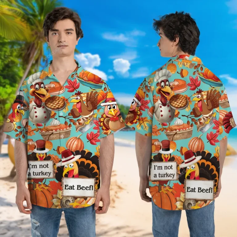Funny Turkey Thanksgiving Unisex Hawaiian Shirt, Hilarious Chicken Fight Printed Shirt, Sweet Breads Aloha Button Down Shirt, Leaves Pattern Clothing
