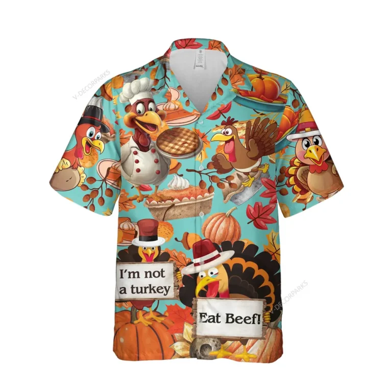 Funny Turkey Thanksgiving Unisex Hawaiian Shirt, Hilarious Chicken Fight Printed Shirt, Sweet Breads Aloha Button Down Shirt, Leaves Pattern Clothing