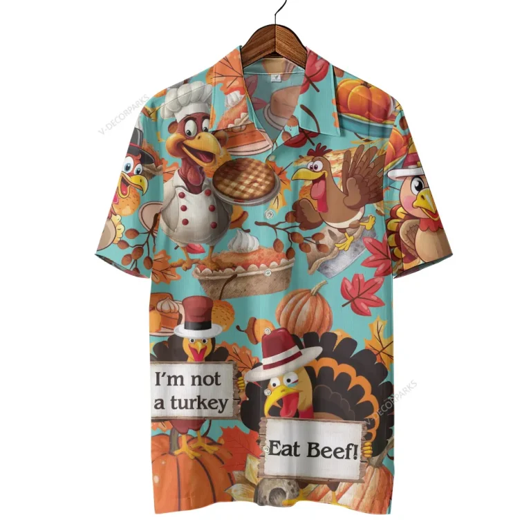 Funny Turkey Thanksgiving Unisex Hawaiian Shirt, Hilarious Chicken Fight Printed Shirt, Sweet Breads Aloha Button Down Shirt, Leaves Pattern Clothing