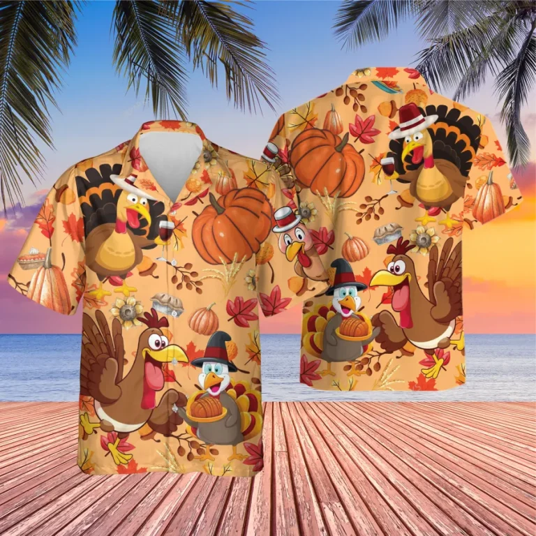 Thanksgiving Turkey Neighbor Unisex Hawaiian Shirt, Cute Animated Chicken Printed Shirt, Sweet Breads Aloha Button Down Shirt, Leaves Pattern Clothing